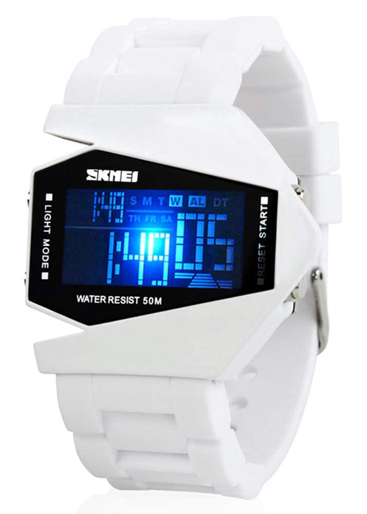 Gosasa Men Sports Military Watches Digital Airplane Shaped LED Colorful Light Watches (Black) (White)