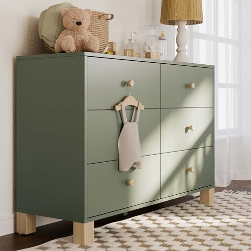 Storkcraft California 6-Drawer Double Dresser (Olive with Driftwood) - GREENGUARD Gold Certified, Interlocking Drawer System, Dresser Drawer Organizer for Kids Bedroom