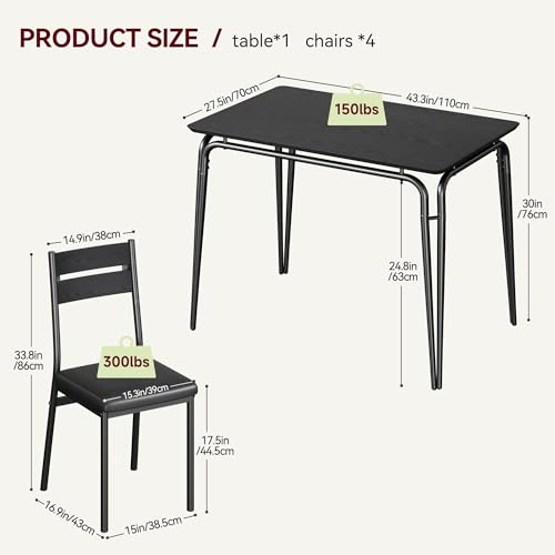5 Piece Dining Table Set for 4, Compact Square Table Chairs, Sturdy MDF Top, Metal Frame, Space-Saving Breakfast Set for Kitchen, Apartment, Office, Easy Assembly Wipe-Clean