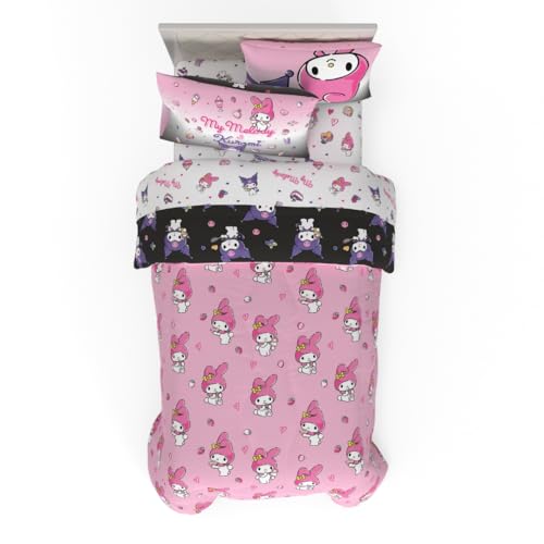 Franco Sanrio Kuromi & My Melody Bedding 5 Piece Super Soft Cozy Reversible Comforter and Sheet Set with Sham, Twin, (Officially Licensed Product)