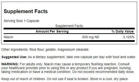 Swanson Niacin (B3) Cardio Health Support Carbohydrate Metabolism 500 Milligrams 250 Capsules