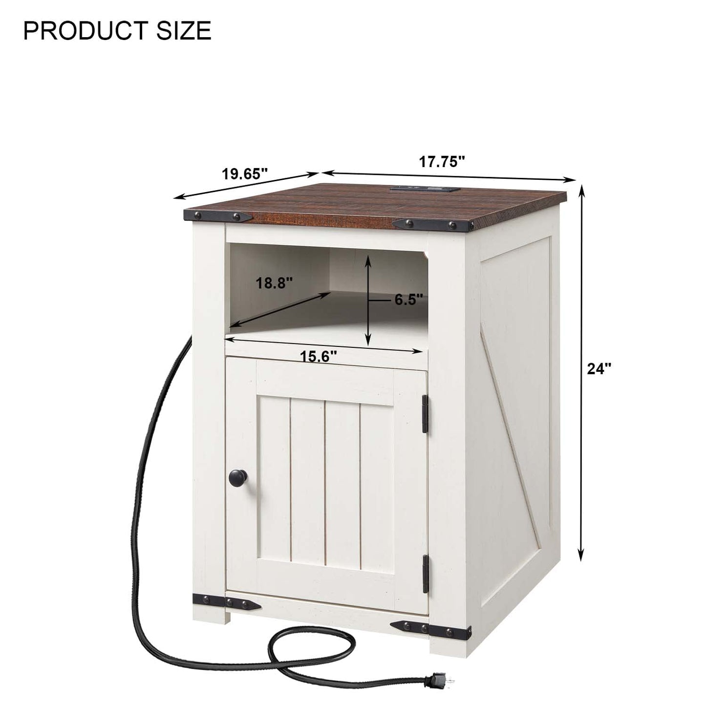 IFGET Farmhouse Nightstand with Charging Station, 20" Rustic End Table w/Barn Door, Wood Sofa Side Bedside Table w/Open Shlef & Stroage Cabinet for Bedroom (White)