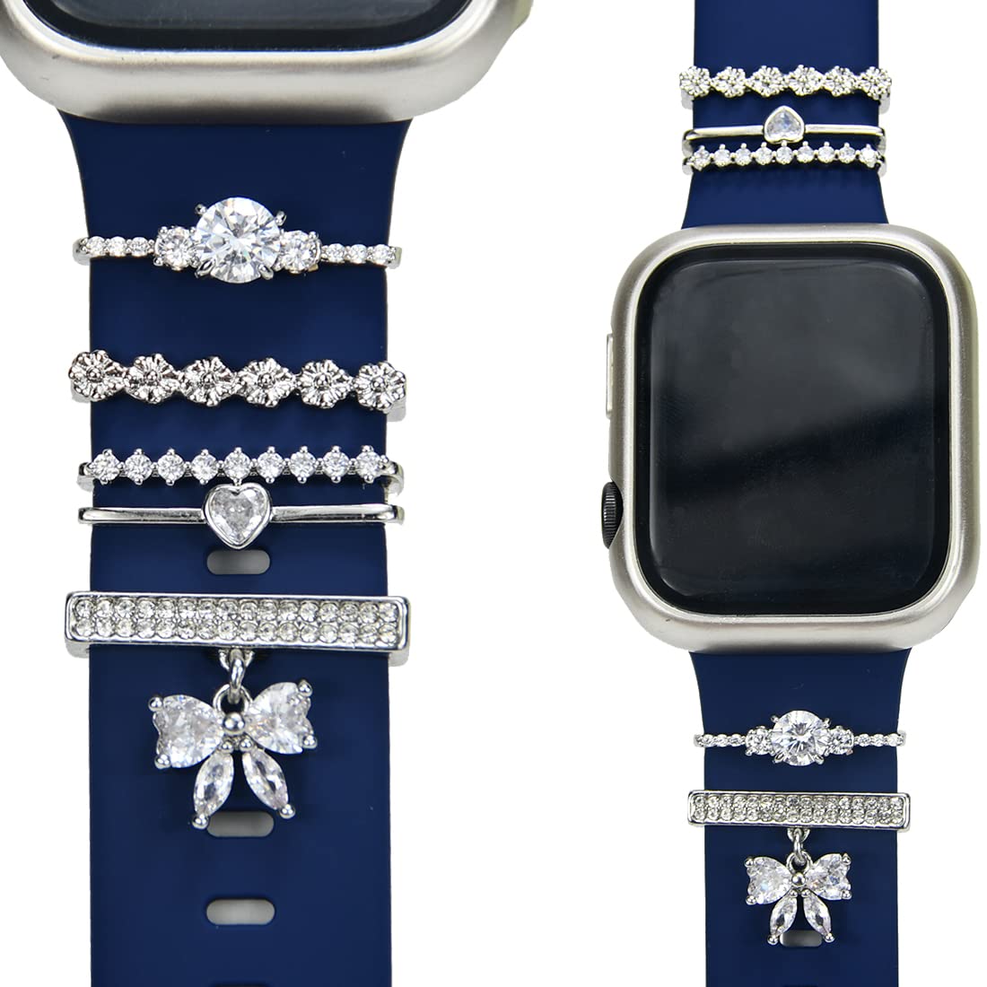 SUNOREEK Silver Watch Band Charms for apple women, iwatch bands charms , Heart Decorative Rings Loops for Apple Watch Silicone Band Charms for Women 49mm 45mm 44mm 42mm 41mm 40mm 38mm ultra , Metal Crystals Love Pendant Smart Watch Band Jewelry Accessorie