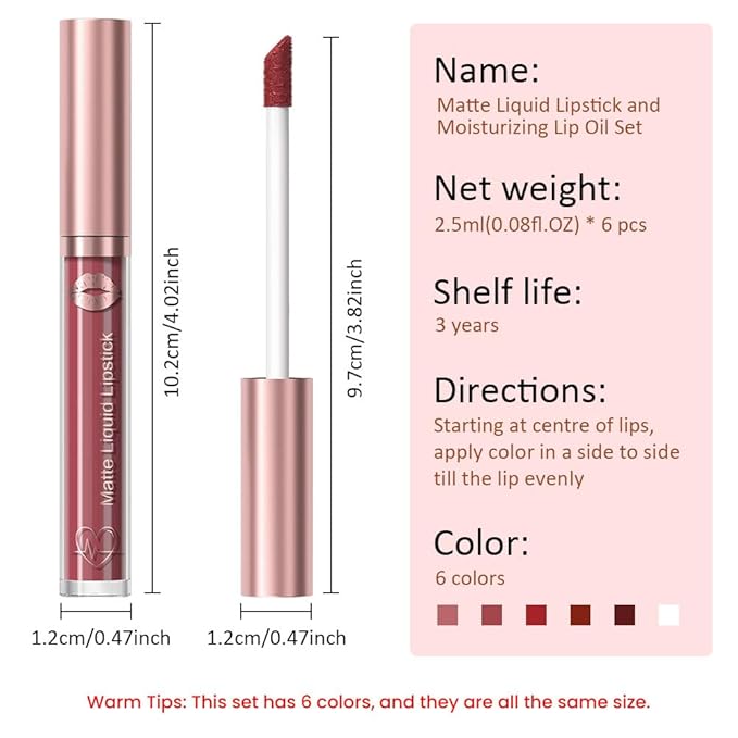 5Pcs Matte Liquid Lipstick + Lip Oil Set โ Long Lasting Waterproof Velvet Lip Stains, Non-Stick Cup Matte Lip Gloss Makeup Kit with Hydrating Lip Oil for Soft, Smooth Lips Set:U-04#