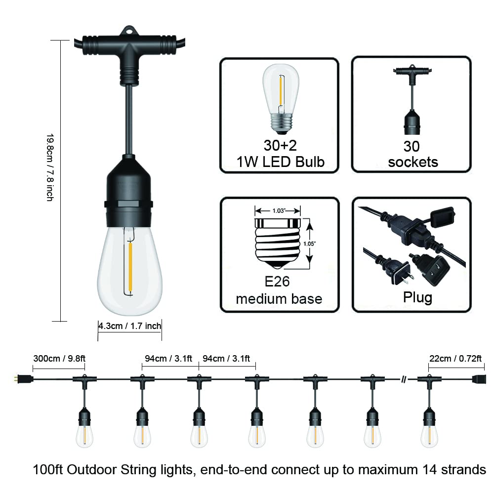 Outdoor String Lights LED 100FT Commercial Grade Heavy Duty Light String Lights with 30 Sockets 32 Shatterproof Plastic Bulbs Include 2 Spare S14 Dimmable Edison Bulbs Patio Market Cafe Light