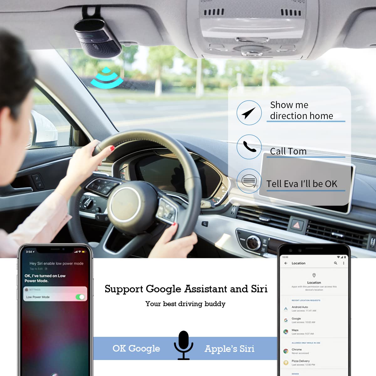 Bluetooth Phone Speaker for Car, SUNITEC Hands Free Bluetooth Car Speaker for Cell Phone, Support Siri Google Voice Assistant, AUTO Power ON Off, Speakerphone with Visor Clip