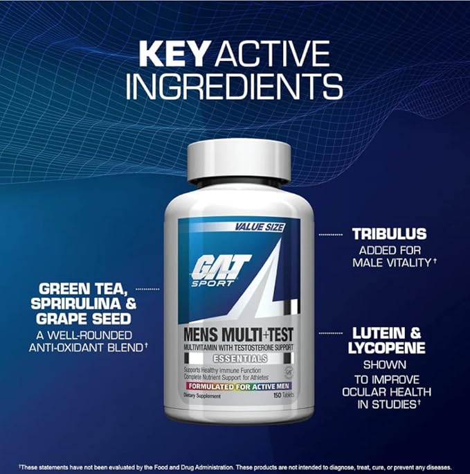 GAT SPORT Men's Multi + Test, Premium Multivitamin Tablets (60 Count)