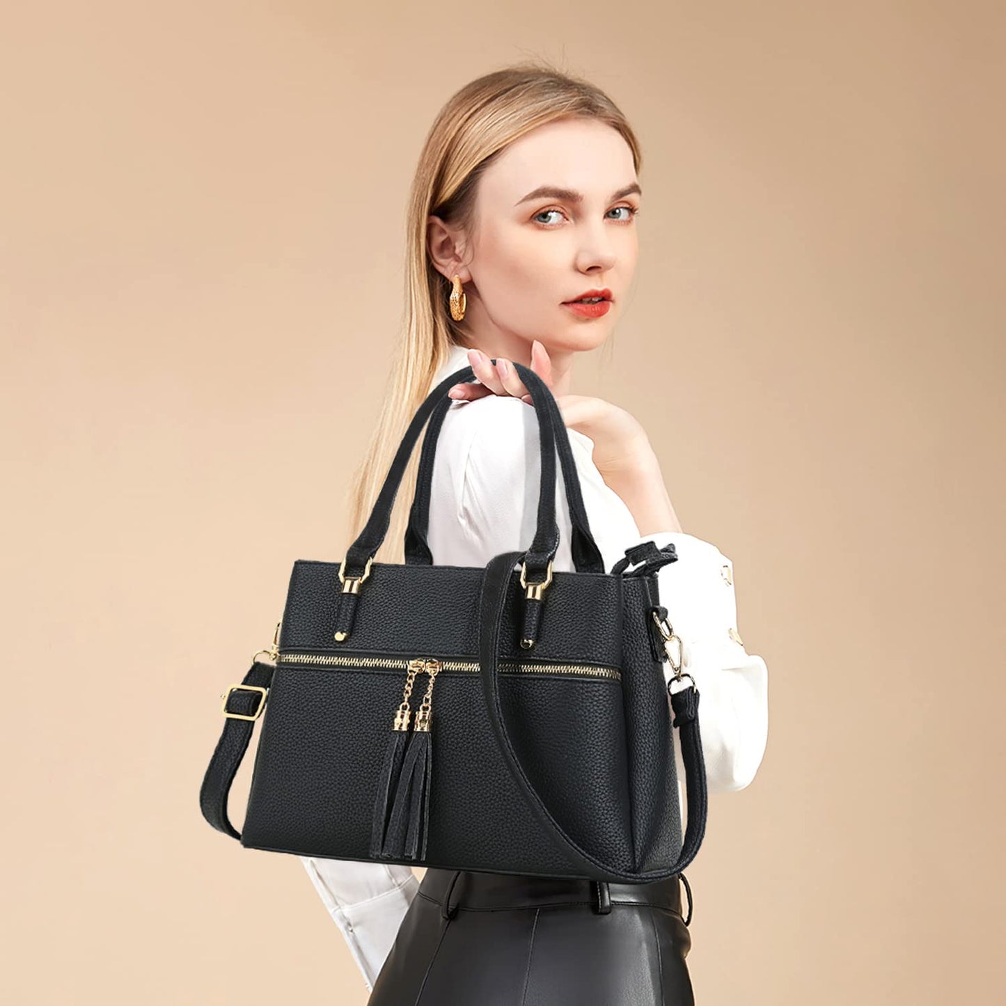 KKXIU 3 Zippered Compartments Purses and Handbags for Women Vegan Leather Ladies Multi Pocket Satchel Bags (D-black)