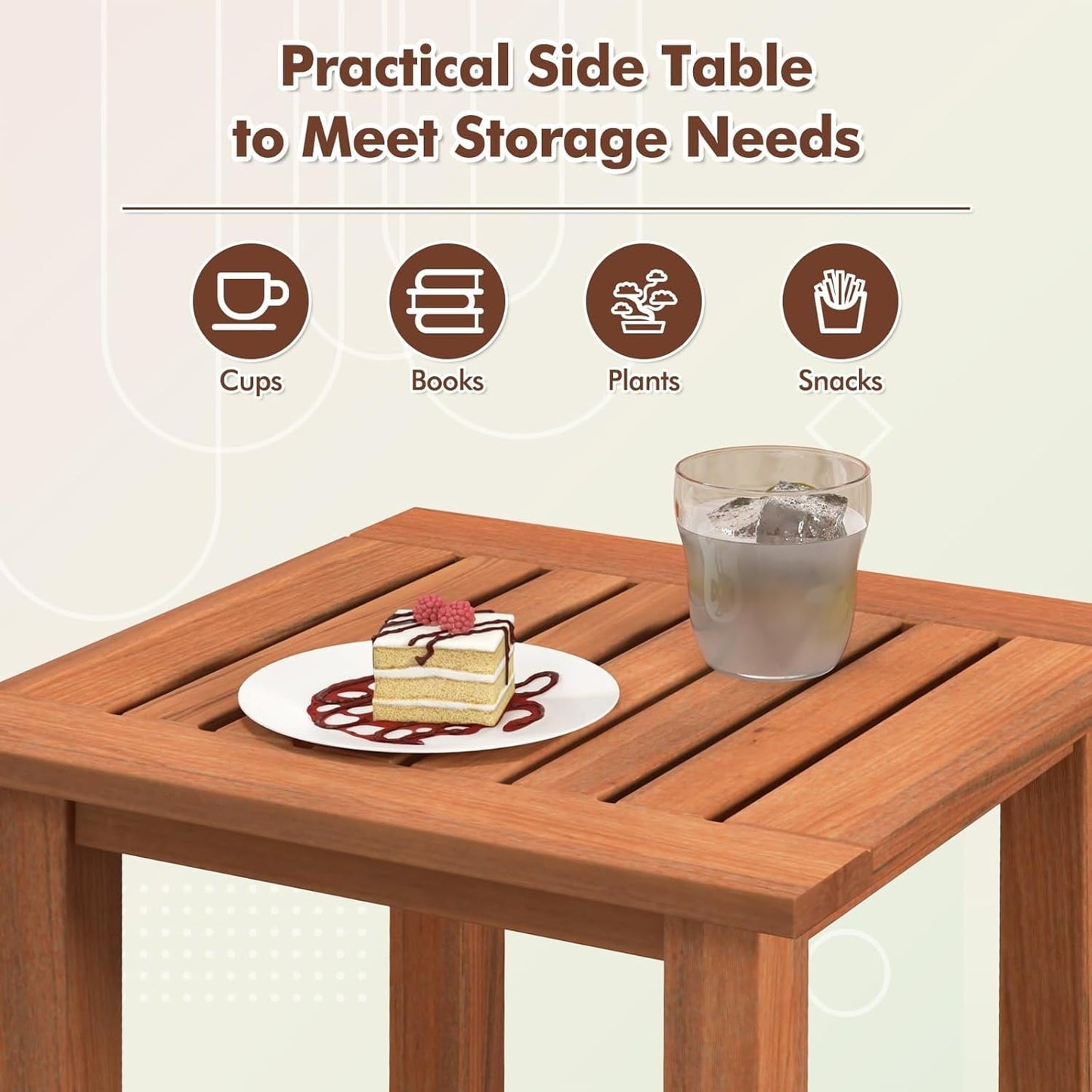 ETHFRF Hardwood Outdoor Side Table - All-Weather Patio Square End Table with Slatted Tabletop, Small Coffee Bistro Table for Outdoor, Indoor, Garden, Poolside and Balcony, Natural (1),Orange-brown