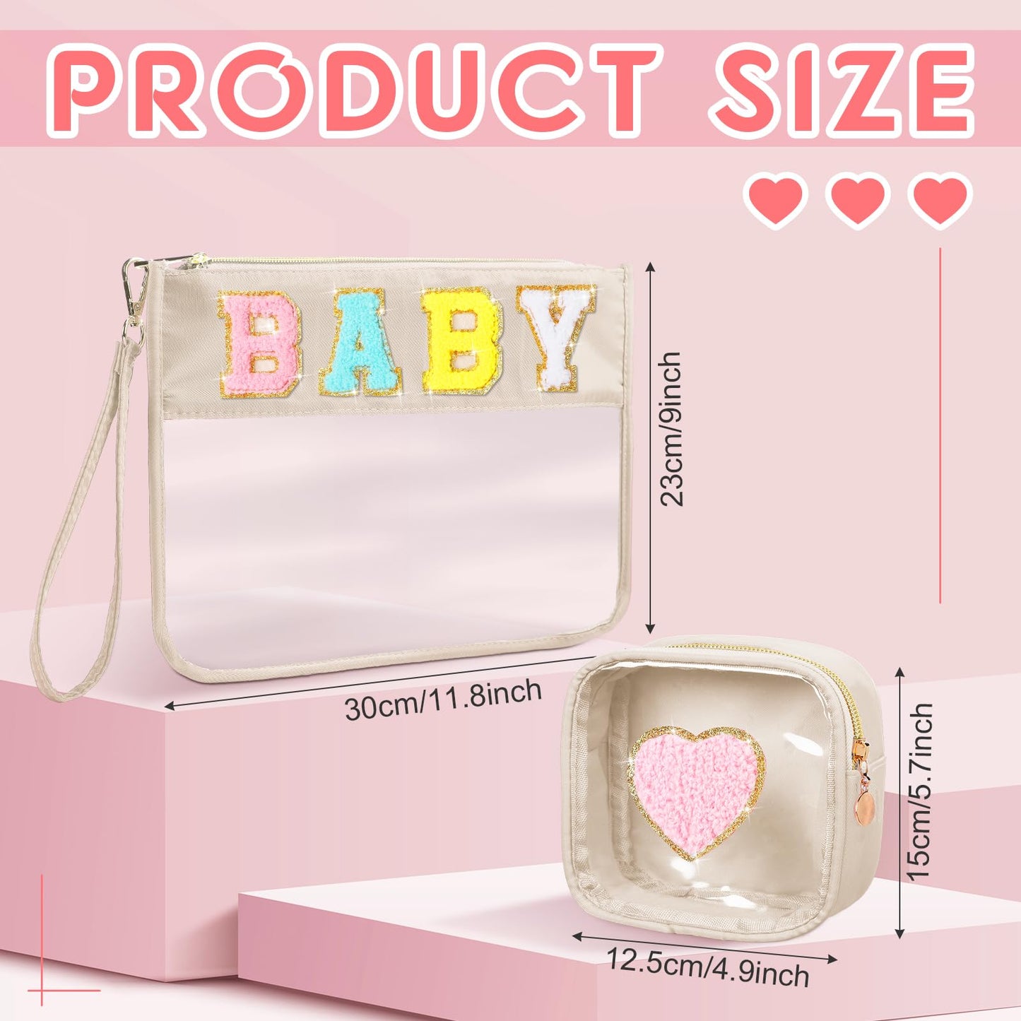 Hillban 2 Pcs Baby Bag Set Chenille Letter Bags Preppy Patch Makeup Pouch Baby Travel Pouch Waterproof Portable Toiletry Storage for Women Mom