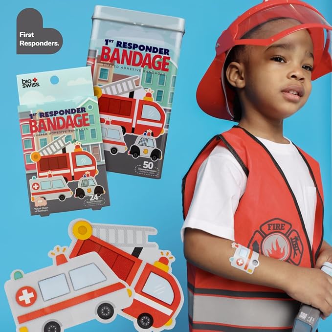 BioSwiss Bandages, First Responders Shaped Self Adhesive Bandage, Latex Free Sterile Wound Care, Fun First Aid Kit Supplies for Kids and Adults, 24 Count