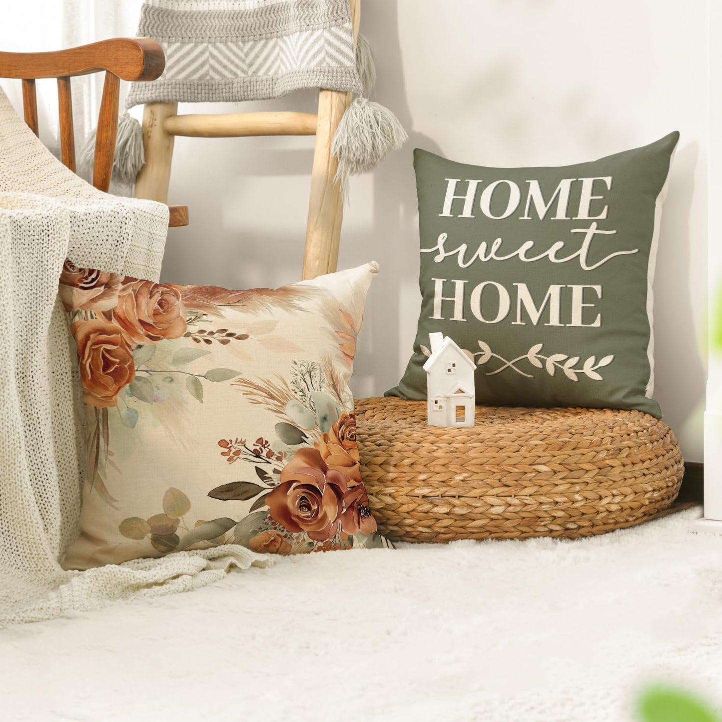 AVOIN colorlife Home Sweet Home Terracotta Sage Throw Pillow Covers, 18 x 18 Inch Seasonal Fall Eucalyptus Floral Motto Cushion Case for Sofa Couch Set of 4
