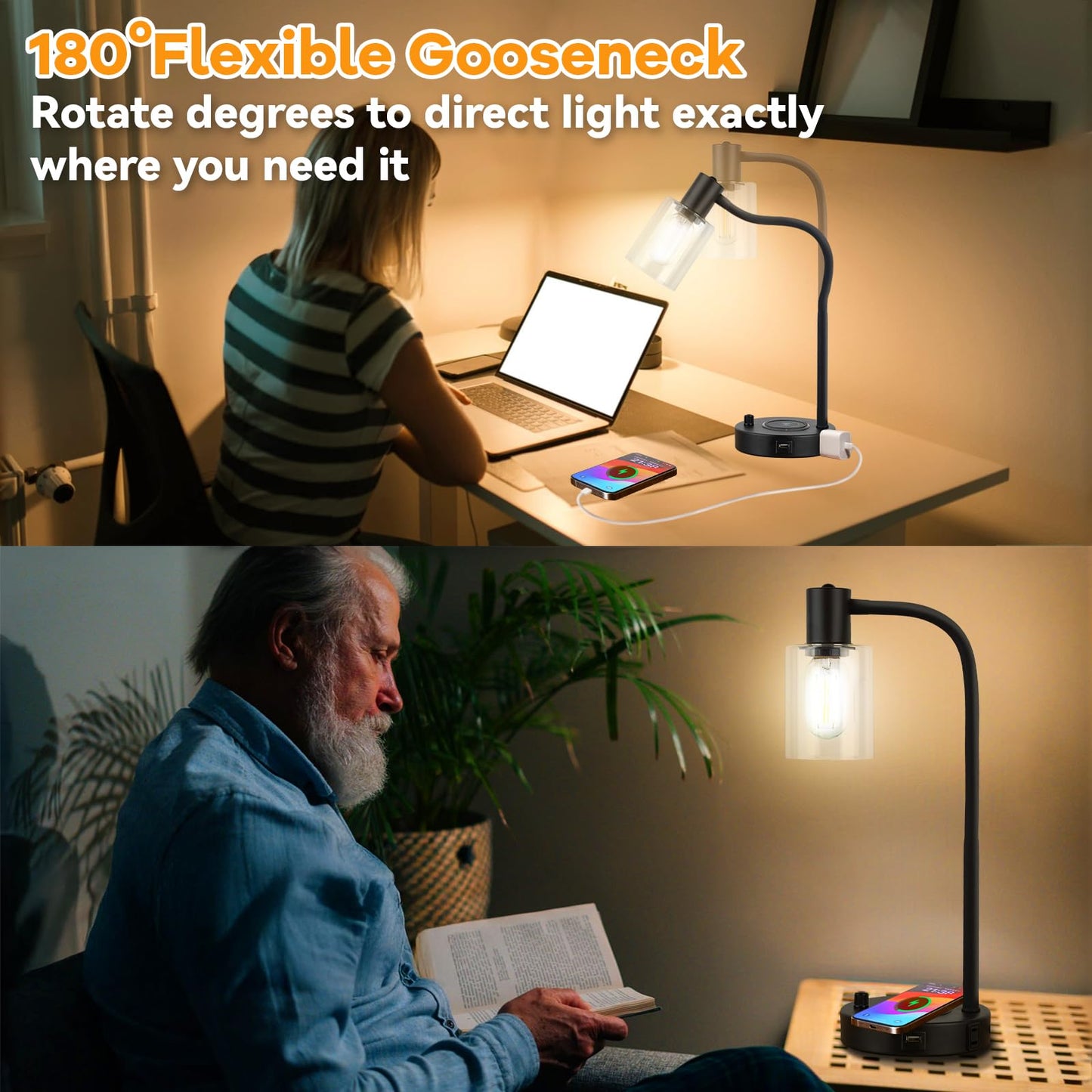 Jomshine Industrial Table Lamp with Wireless Charing, Fully Stepless Dimmable Lamps Nightstand Lamps, Desk Lamp with Glass Shade Reading Lamp for Office Living Room (Black)