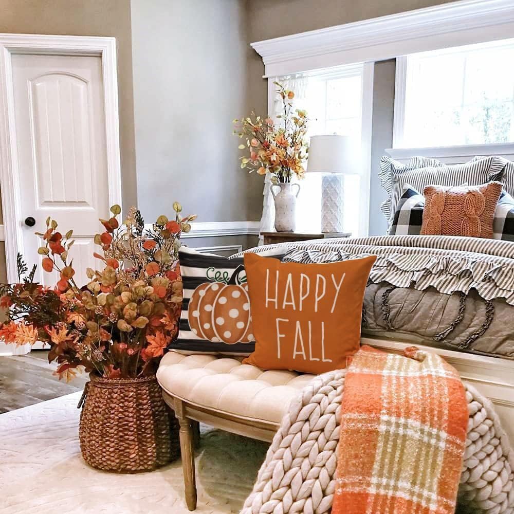 GEEORY Happy Fall Pillow Covers 18x18 Set of 4, Polka Dots Pumpkin Maple Leaves Stripes Decorative Throw Pillows Farmhouse Thanksgiving Decorations Orange Cushion Case for Couch Sofa