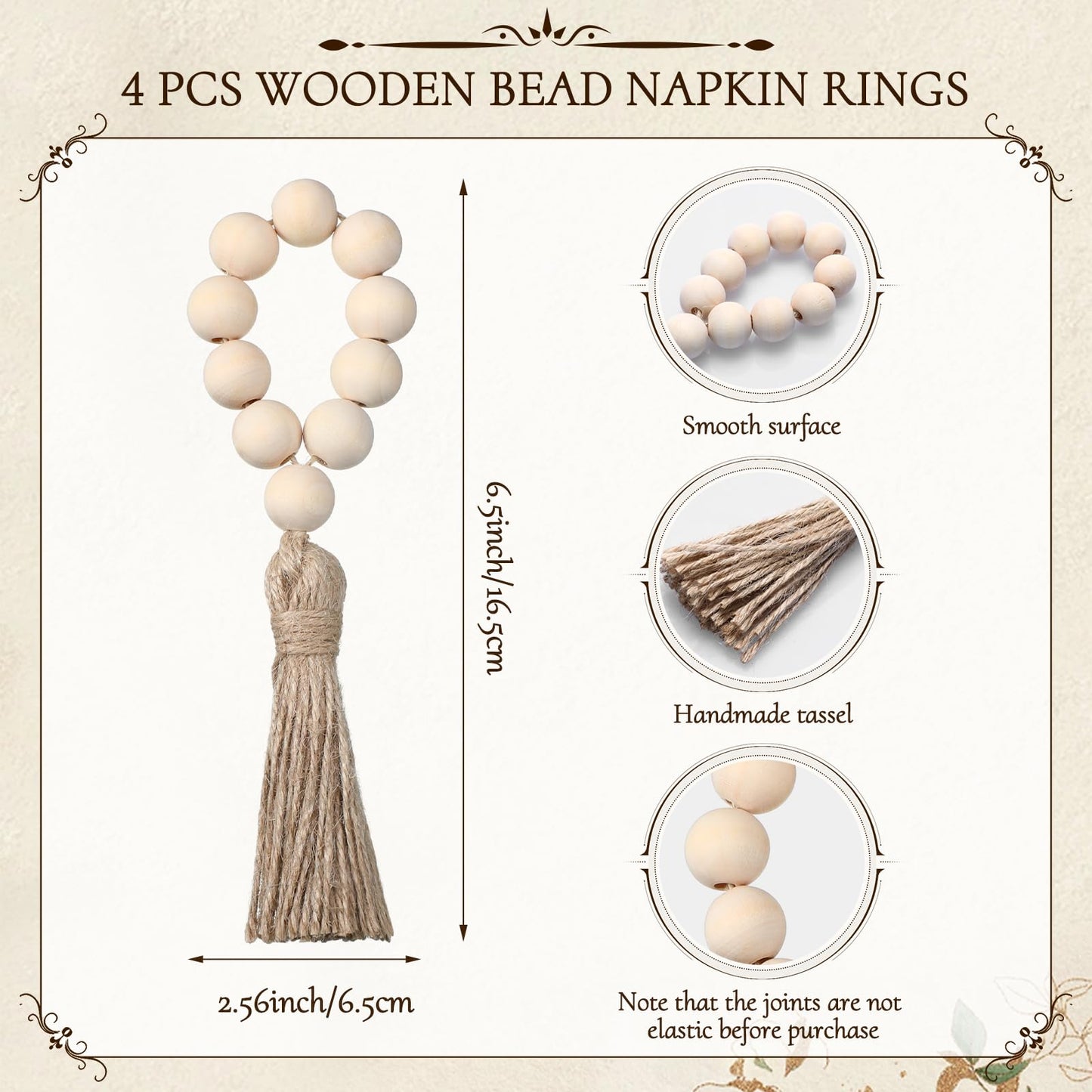 Zhehao 4 Set/12 Pcs Boho Placemats Natural Cotton Burlap and Grass Woven Table Mats Trim Farmhouse Style Placemats with Tassels Wooden Beads Napkin Rings for Table Kitchen