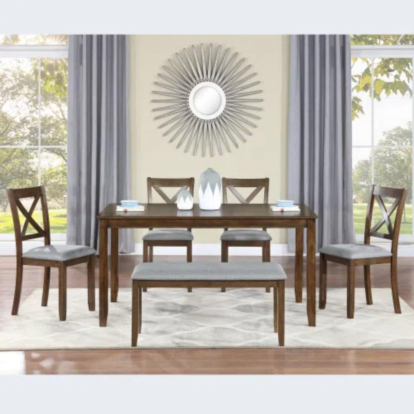 Trygoal 6-Piece Dining Table Set for 4-6 People, Kitchen Set with 4 Upholstered Chairs and One Bench, Living Room Chairs with X-Shape Backrest, Rectangular Wooden Table for Home Bar, Walnut