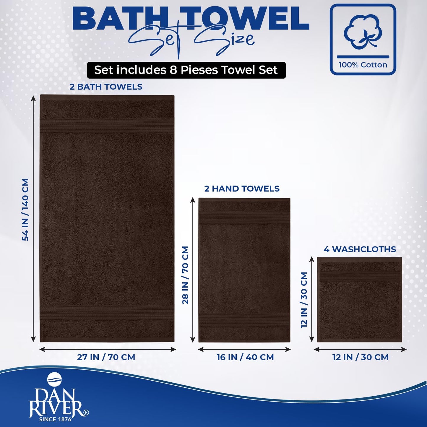 DAN RIVER 100% Ring Spun Cotton 8-Piece Towel Set, Brown, 2 Bath Towels, 2 Hand Towels and 4 Washcloths, 550 GSM - Soft and Absorbent for Bathroom, Spa, and Gym