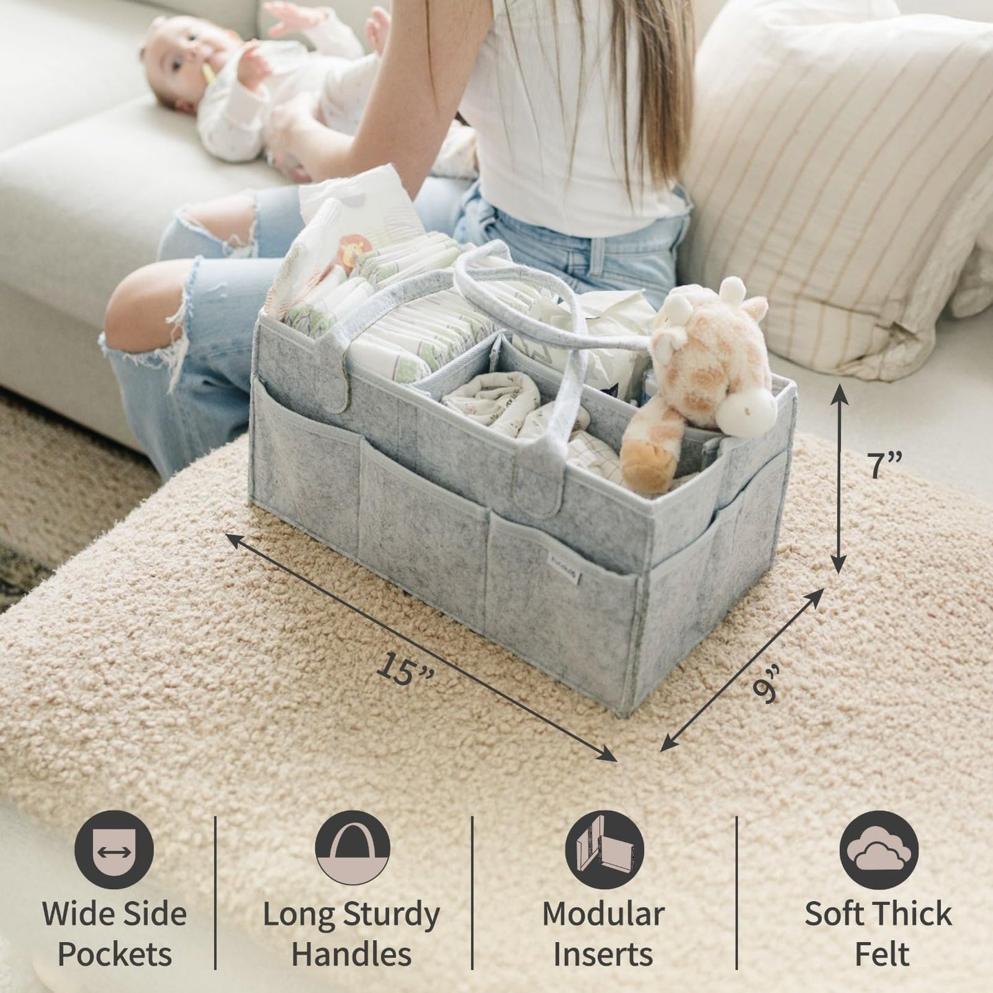 PUTSKA Nursery Storage Basket - Baby Diaper Caddy Organizer for Diaper Station, Newborn Essentials, Baby Shower Gifts and Registry Must-Haves for Boy or Girl