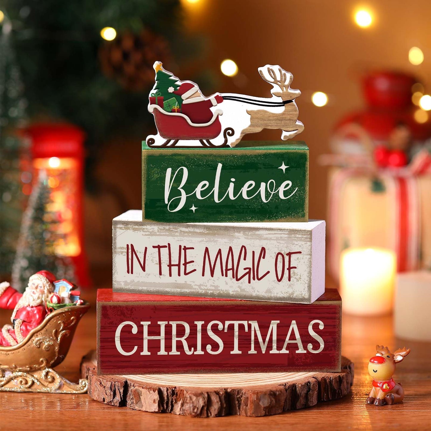 Lineshading 4 Pcs Christmas Table Decoration Wooden Santa Claus Decor Christmas Tiered Tray Decor Decorative Santa Claus Elk Block Sign Gift Farmhouse Xmas Table Centerpiece for Home Kitchen Shelf