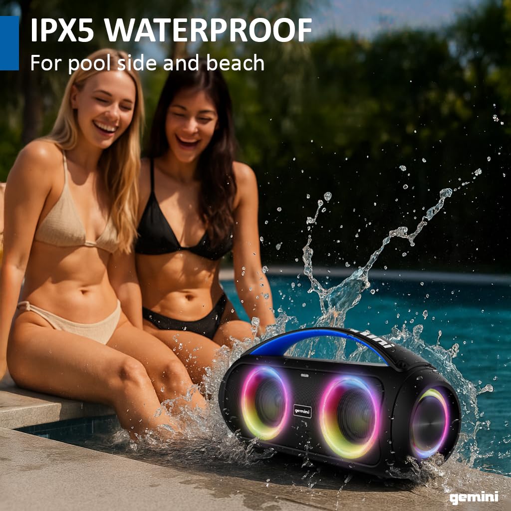 Gemini Portable Bluetooth Boombox Speaker with Deep Bass, LED Party Lights, FM Radio, USB, Mic Input & 7-Hour Battery โ Rechargeable Wireless Speaker for Travel, Gym, or Home Use (GGO-230L)