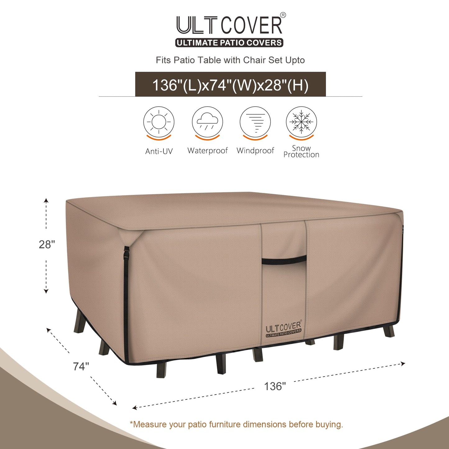 ULTCOVER Rectangular Patio Heavy Duty Table Cover - 600D Tough Canvas Waterproof Outdoor Dining Table and Chairs General Purpose Furniture Cover Size 136L x 74W x 28H inch