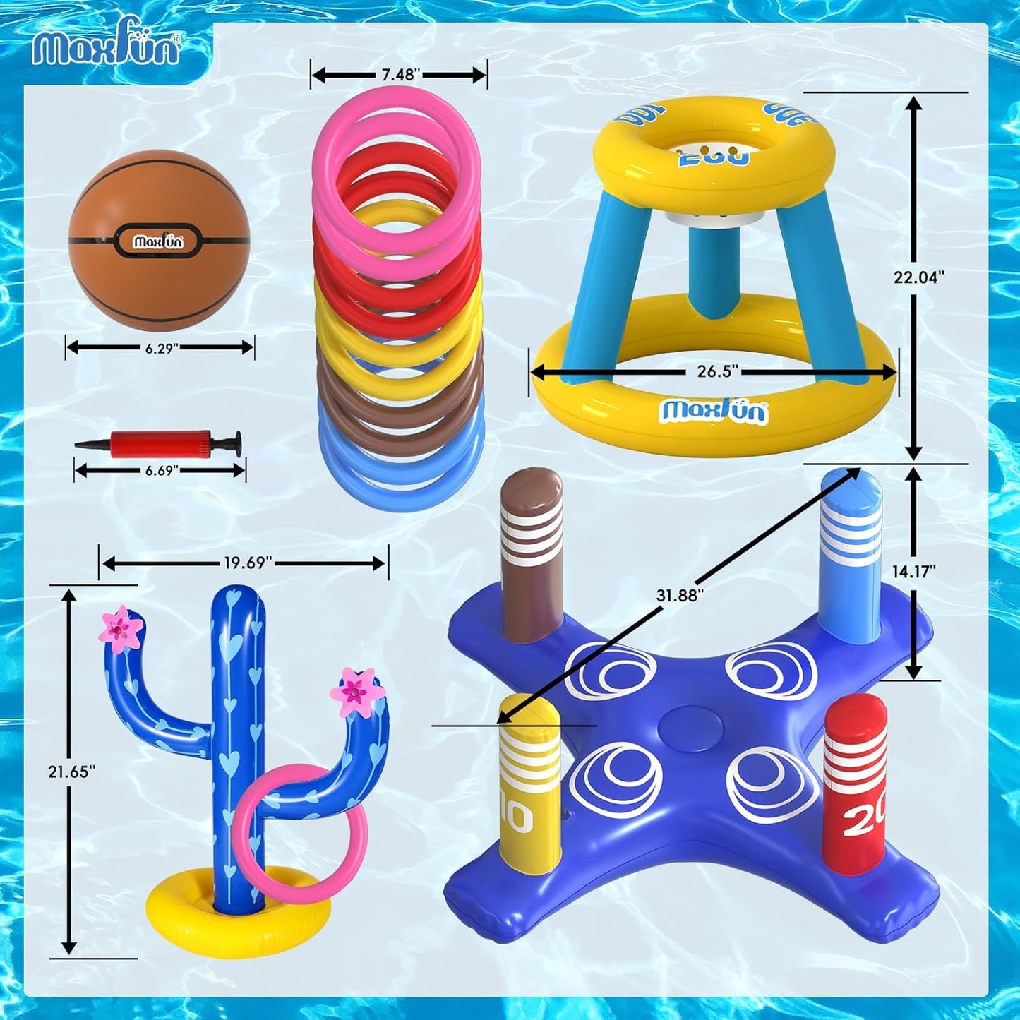 Max Fun Pool Toys Games Set for Kids Pool Basketball Hoop, Inflatable Cross Ring Toss, Floating Floats Games for Toddlers Adults Swimming Water Toys Party Decoration