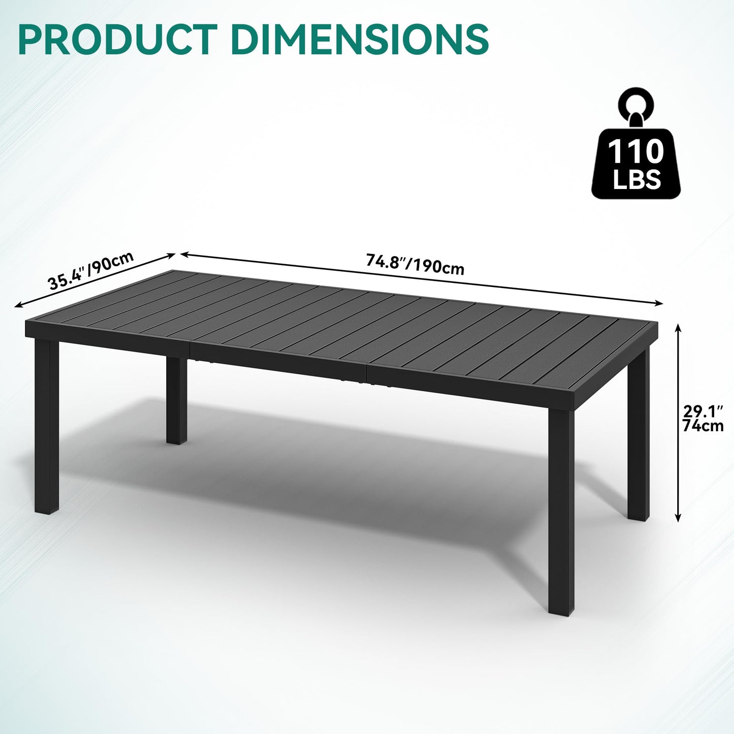 YITAHOME Aluminum Patio Dining Table for 8, 75" Outdoor Dining Table, E-Coated Rectangular Patio Table for Backyard Garden Lawn, Black