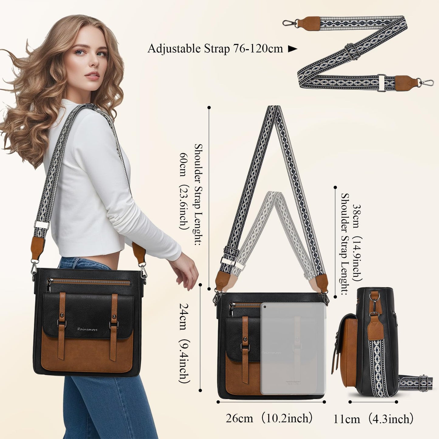 RAINSMORE Crossbody Bag for Women, Waterproof Leather Crossbody Purses Lightweight Handbags Shoulder Bag with Adjustable Shoulder Strap, Women's Crossbody Travel Purse
