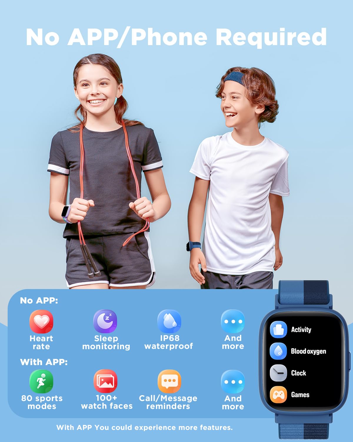 BIGGERFIVE Smart Watch for Kids, 1.8" Fitness Tracker Watch Pedometer, Heart Rate, IP68 Waterproof, Sleep Monitor, Calorie Step Counter, Puzzle Game with/Without APP for Girls Boys Teens 5-16, Nylon