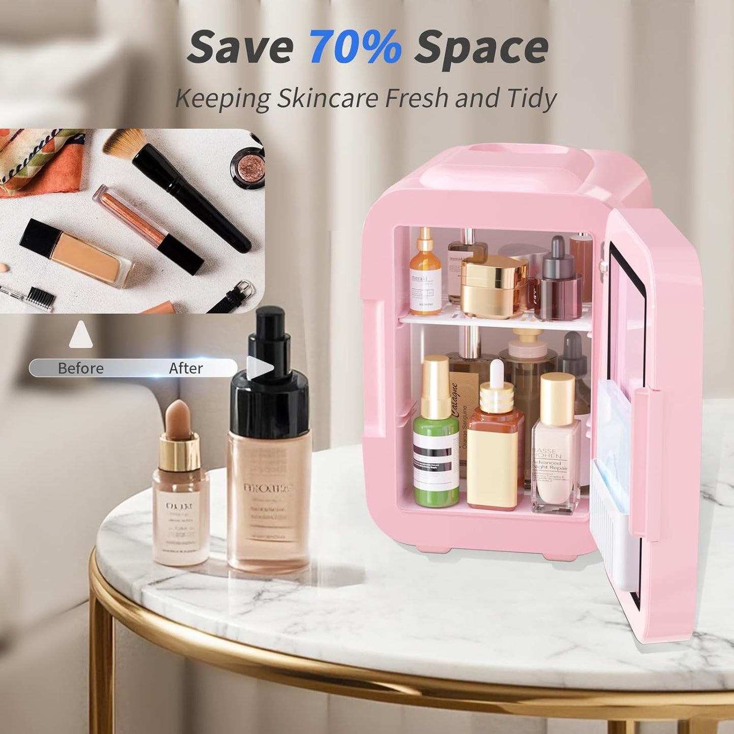 YASHE Skincare Fridge Mini Fridge for Bedroom with Dimmable LED Mirror, 4Liter/6 Cans Cooler and Warmer for Makeup, Cosmetic, Beauty, Portable Refrigerator for Bedroom, Vanity, Office and Car- Pink