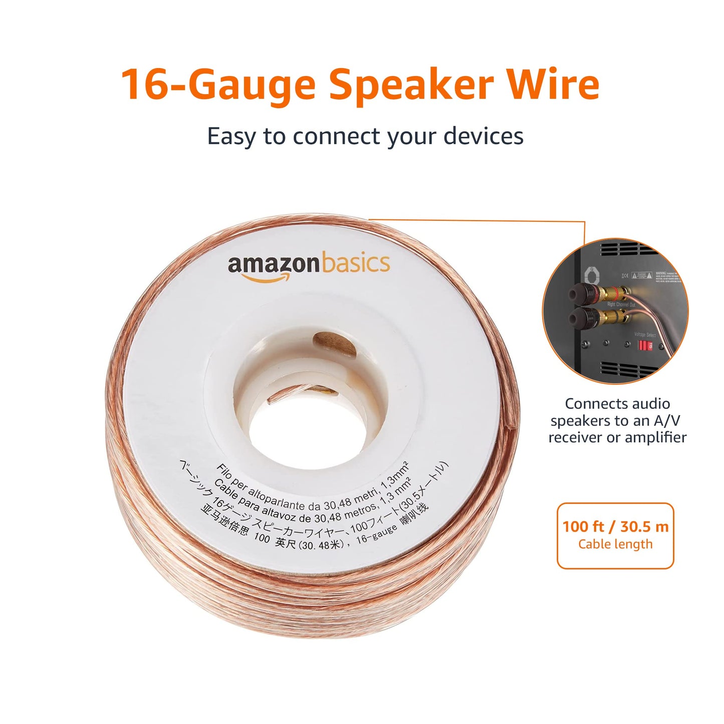 Amazon Basics Speaker Cable, Easy Assembly, 16-Gauge, Bronze, 100 ft