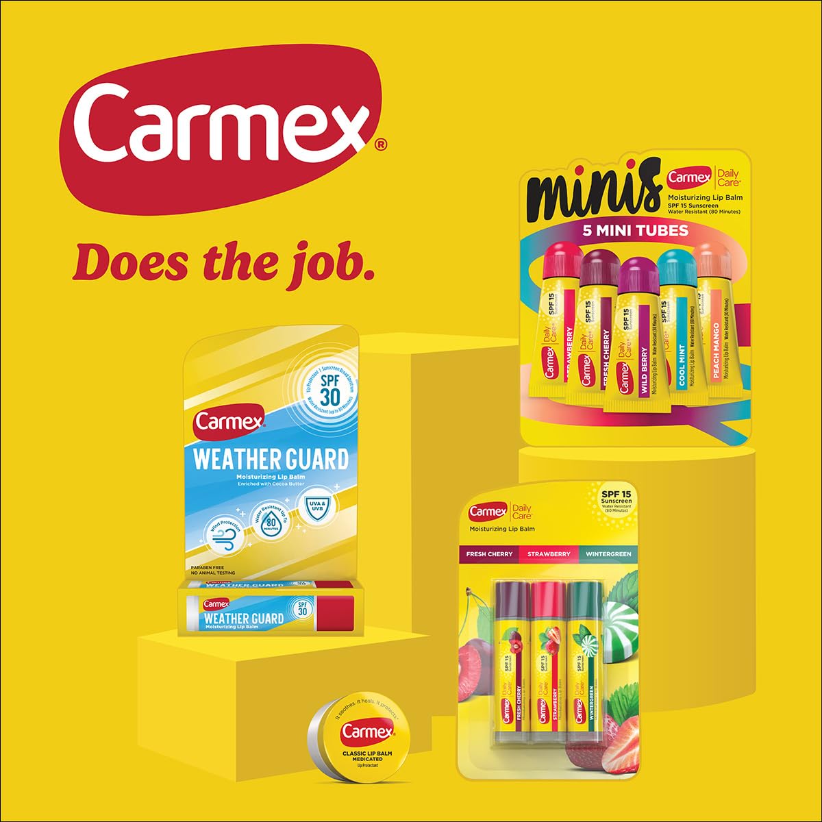 Carmex Daily Care Moisturizing Lip Balm Pack, SPF 15, Strawberry & Cupcake Batter Flavor Variety Pack Bag, 9 Count (7 Sticks, 2 Tubes)