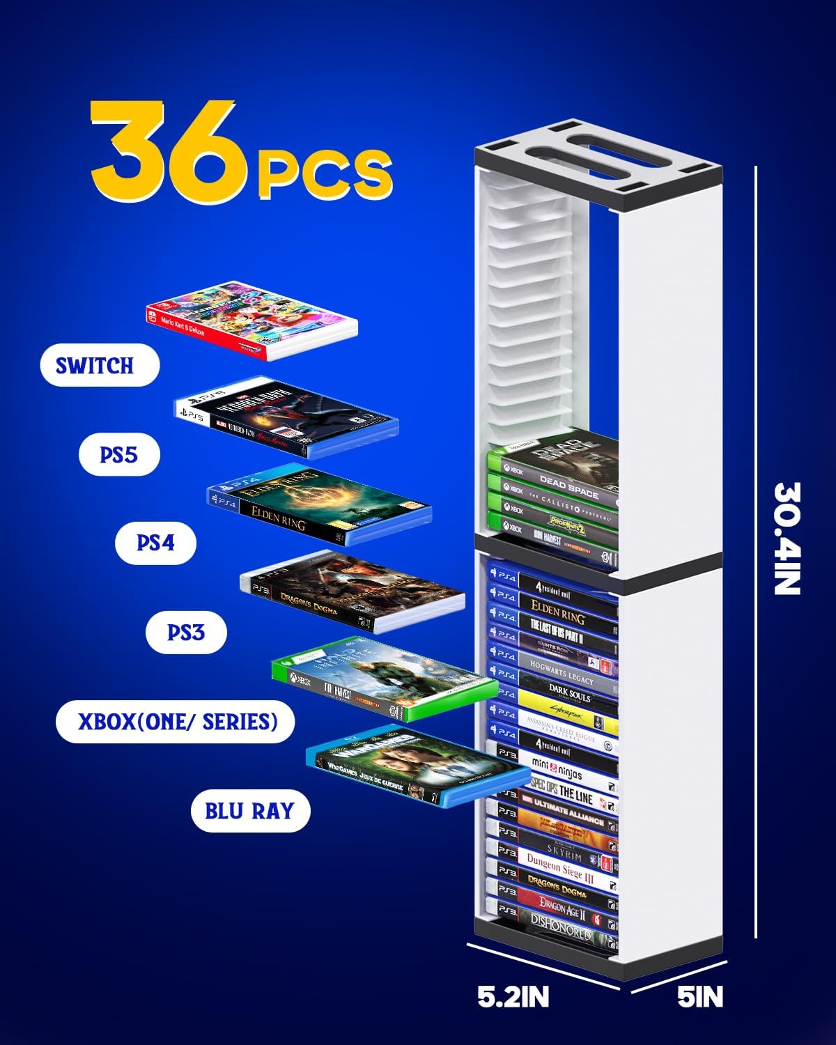 Nargos Video Game Storage Stand Tower for PS5/ PS4/ PS3/ Xbox Series S & X/Xbox one Game, Universal Game Disc Holder Vertical Blu Ray Case Organizer