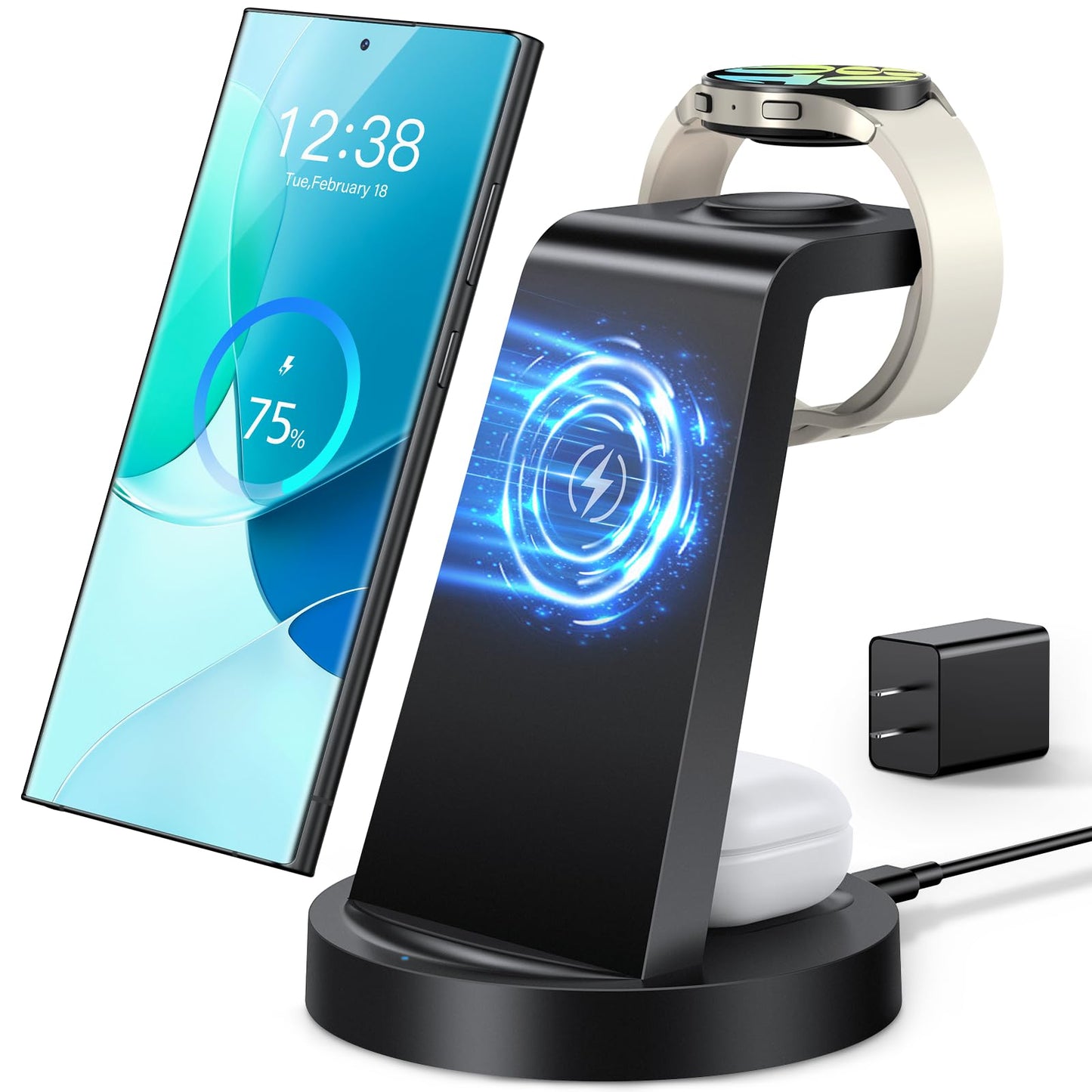 Wireless Charger for Samsung: 3 in 1 Wireless Charging Station for Samsung Galaxy Watch 7 6 5 4 3 Pro Classic Galaxy Buds - Charger Dock Stand for S25 S24 Ultra S23 S22 S21 Note Z Fold Android