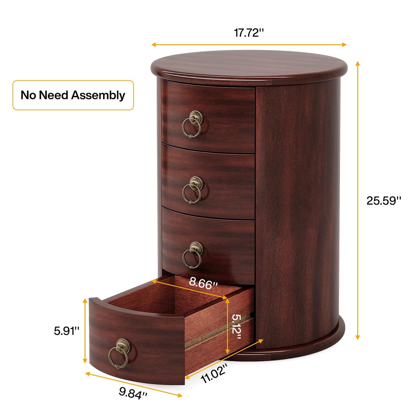 Tribesigns Solid Wood Nightstand, Round Night Stand with 4 Drawers, Rustic Bedside Table Tall Nightstand for Bedroom, Living Room, No Assembly Required (1)