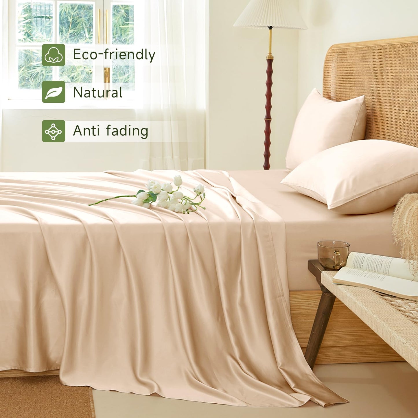 THXSILK Luxury Mulberry Silk Bed Sheets Set - 4pcs Silk Sheets Set 16" Deep Pocket - 1 Fitted Sheet, 1 Flat Sheet, 2 Pillowcases with Zipper Closure - King, Champagne