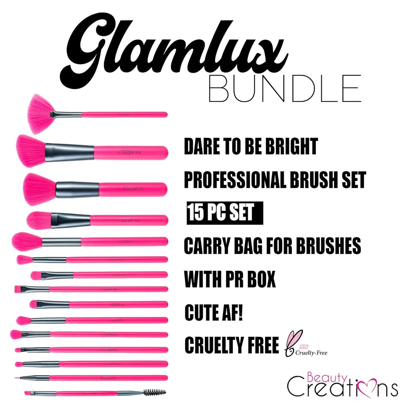 Beauty Bundle Beauty Creations Dare To Be Brights Collection Bomb AF 12 color eyeshadow palette, Lip Set & 15pc Brush Set and Pouch Enclosed in Hot Pink Box