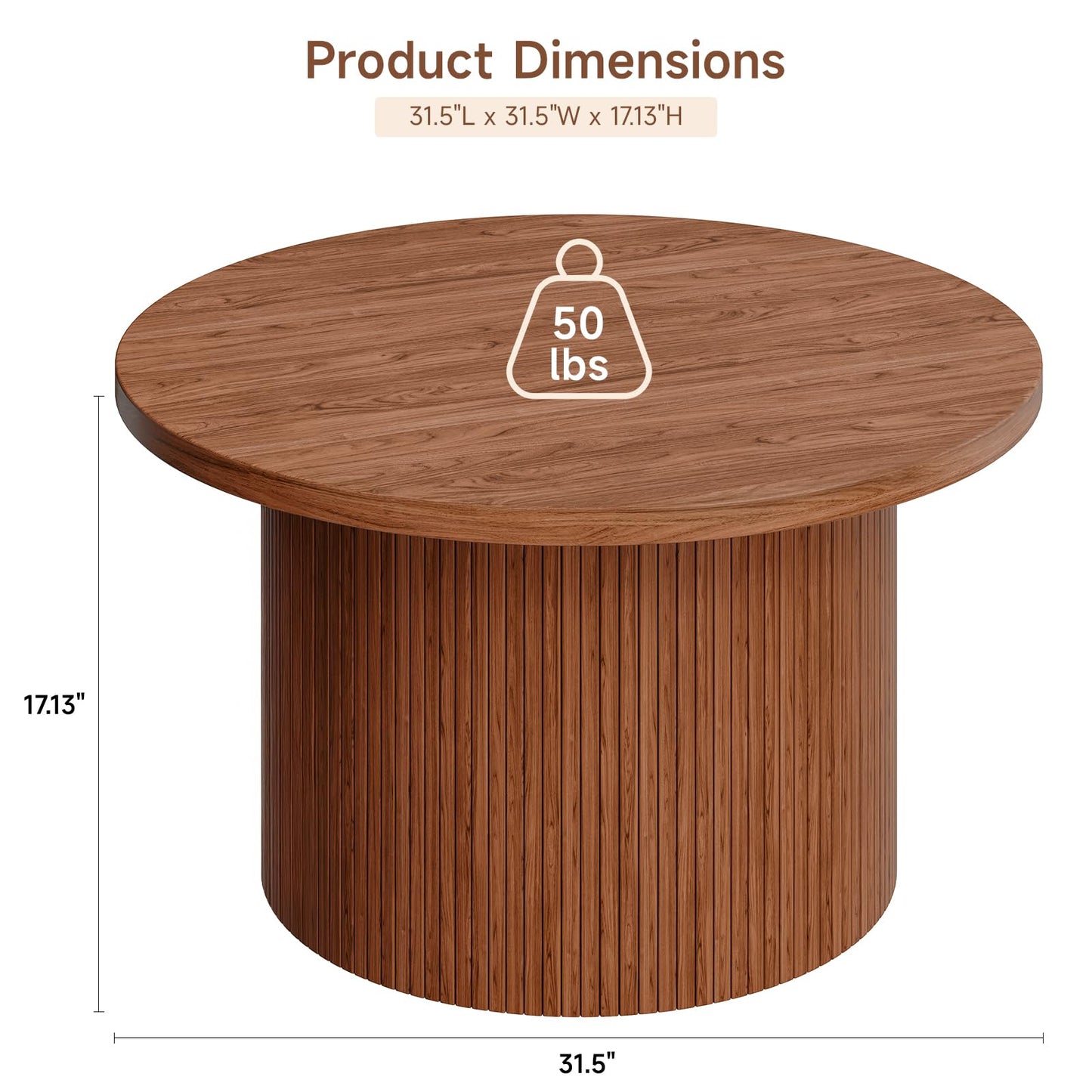 ONBRILL 31.5" Round Coffee Table, Tambour Design Coffee Tables for Living Room, Mid Century Modern Wood Coffee Table, Drum Accent Small Center Table, Walnut