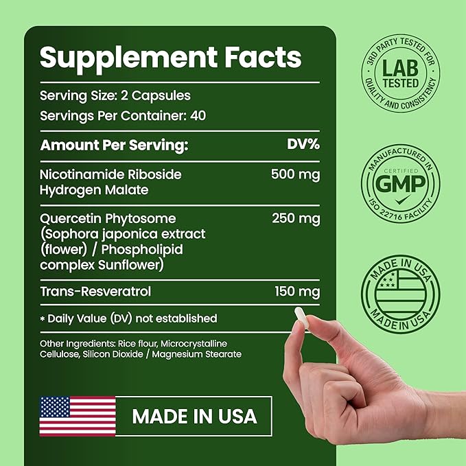 Nutrendia NAD Supplement โ Liposomal Nicotinamide Riboside 900mg, Quercetin, Resveratrol, High Purity NMN, NAD+ Support for Energy, Focus & Wellness โ 80 Capsules for Men & Women