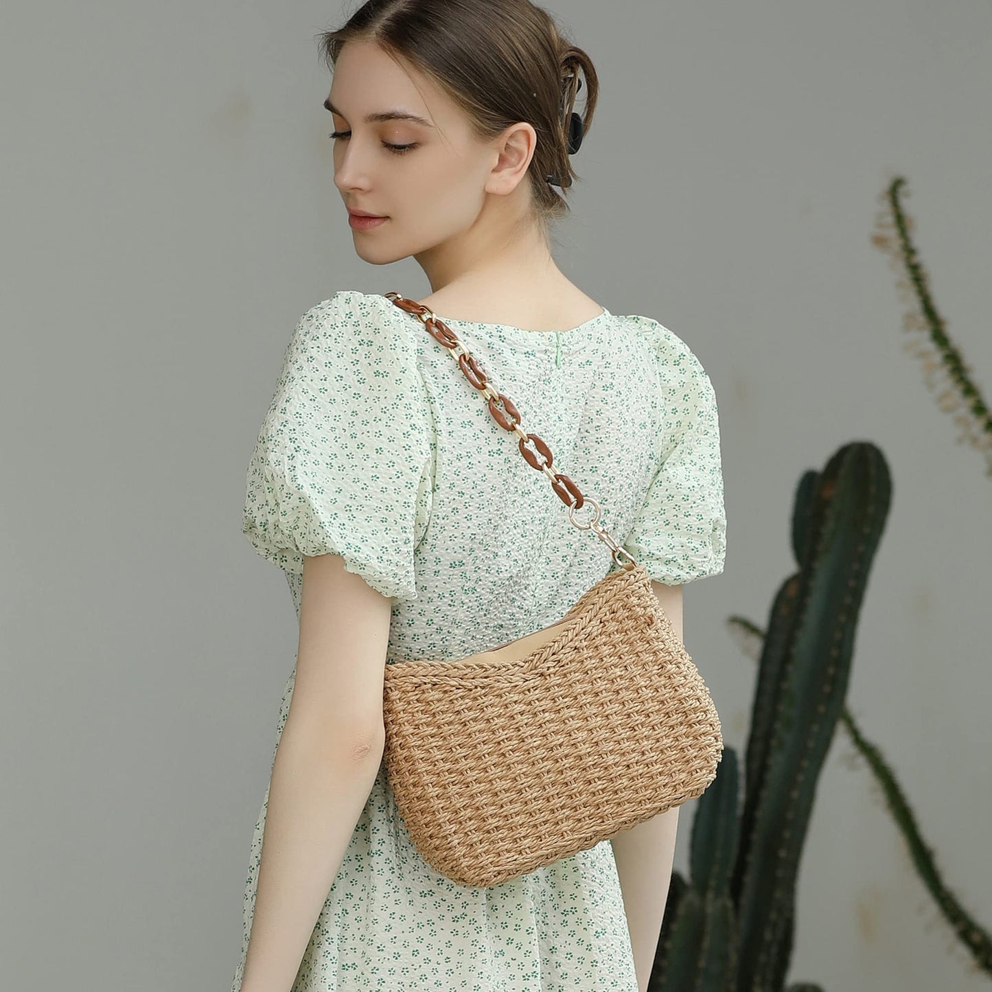 Herald Small Handmade Straw Crossbody Bag for Women, Summer Chic Woven Handbag Shoulder Purse with Chain & Guitar Strap (Coffee)