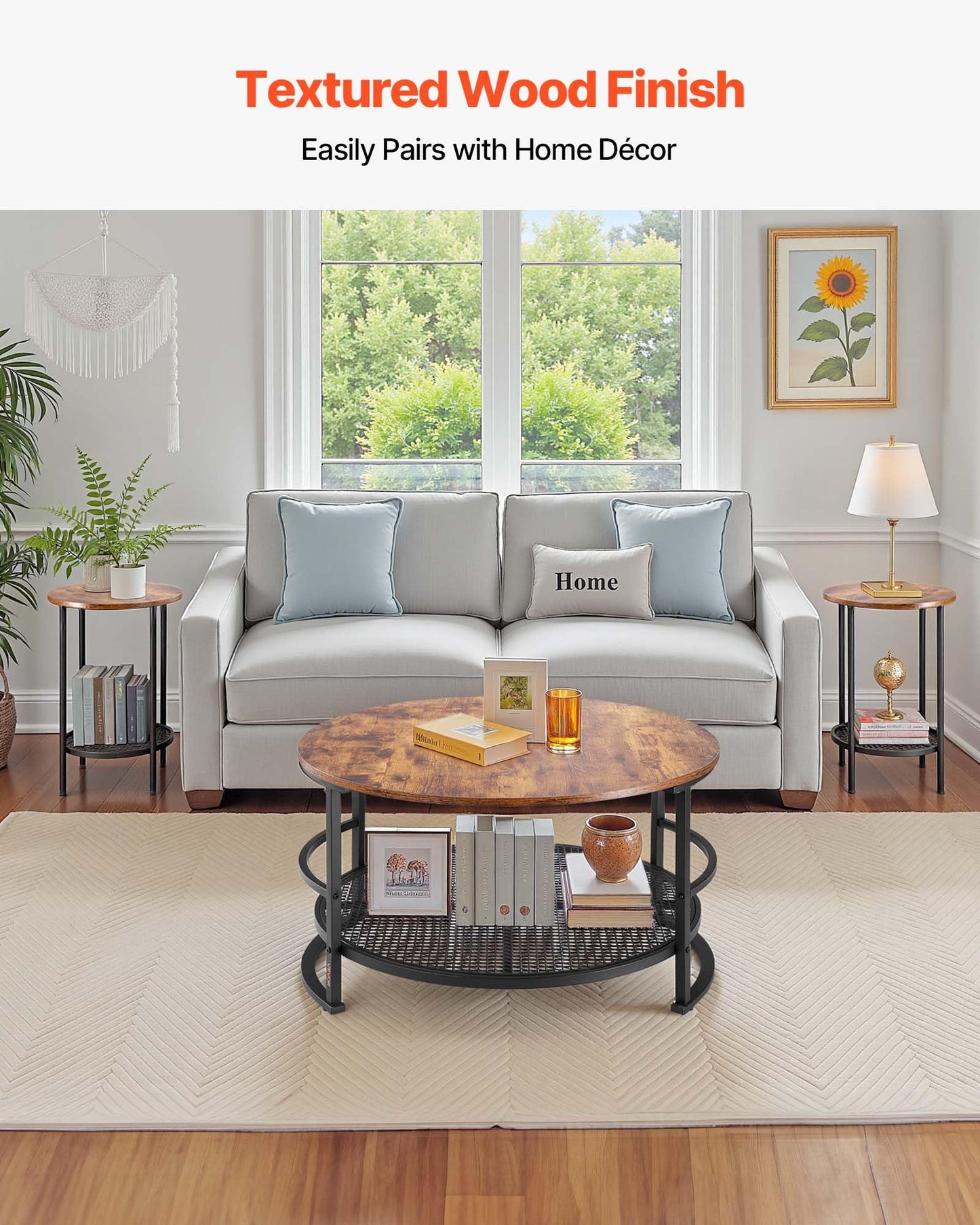 VEVOR 3 Pieces Round Coffee Table Sets, 31.5 in Industrial Living Room Table with 2 End Side Tables, Easy Assembly Coffee and End Tables Sets with Metal Legs, for Office, Living Room and Apartment
