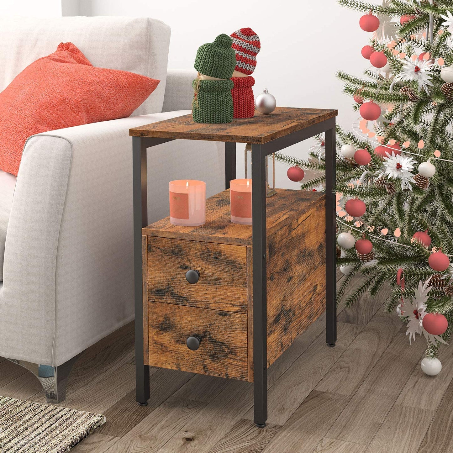 HOOBRO End Table, Narrow Chairside Table with Drawer and Open Storage Shelf, Nightstand for Small Spaces, Stable and Sturdy Construction, Wood Look Accent Furniture, Rustic Brown and Black BF548BZ01G2