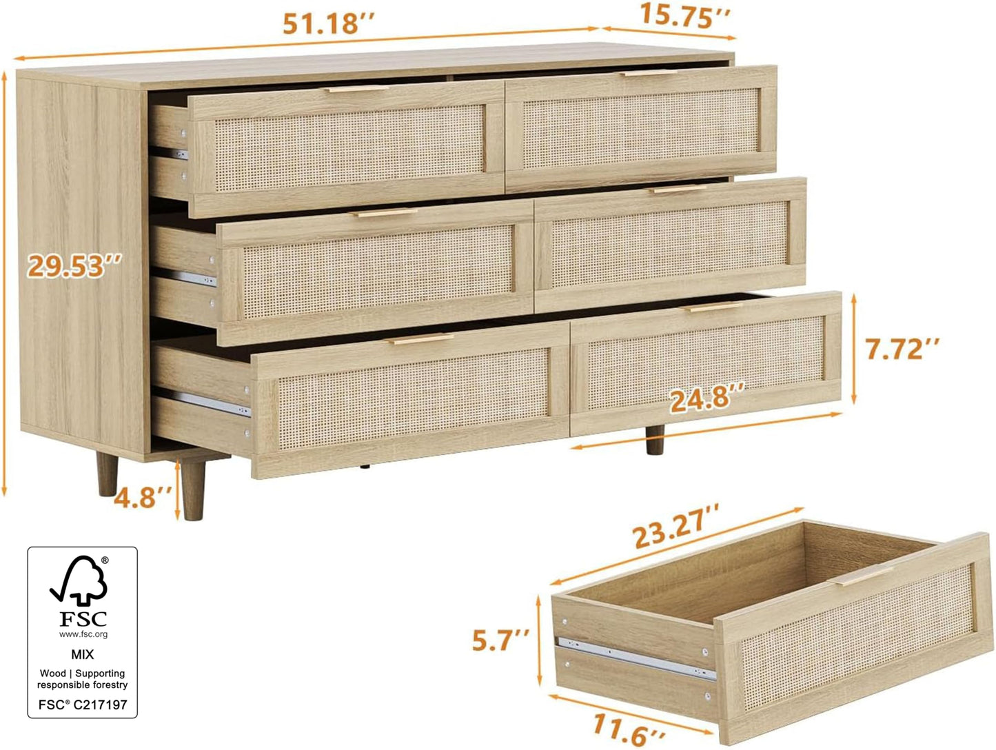 51" Rattan Dresser for Bedroom, 6 Drawer Wide Dresser, Boho&Farmhouse Chest of Drawers, Clothes Storage Cabinet, Metal Handle&Wood Legs for Hallway, Living Room, Bedroom, Wood