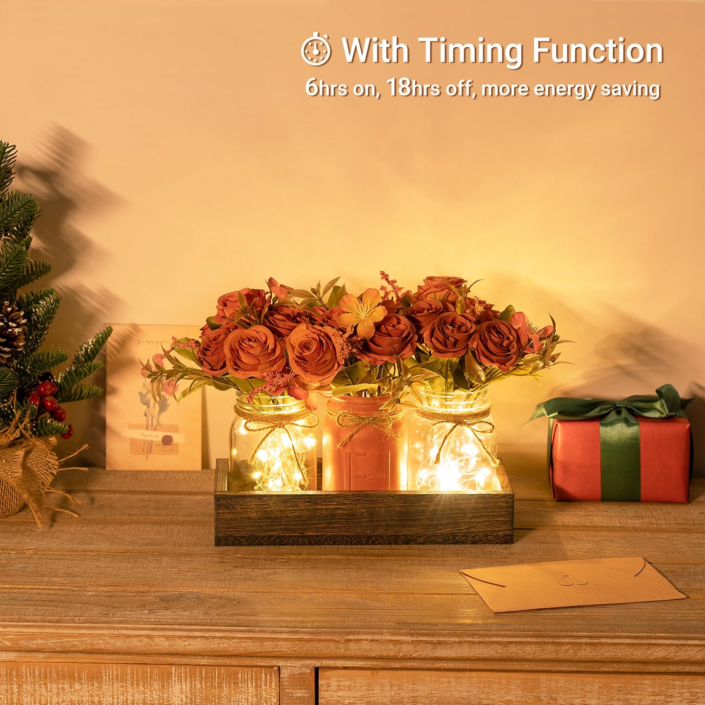 Mkono Mason Jar Lights Centerpiece Table Decorations for Dining Room Farmhouse Coffee Table Decor Tray with 3 Jars Flowers Centerpieces Summer Decor for Kitchen Living Dining Room, Orange