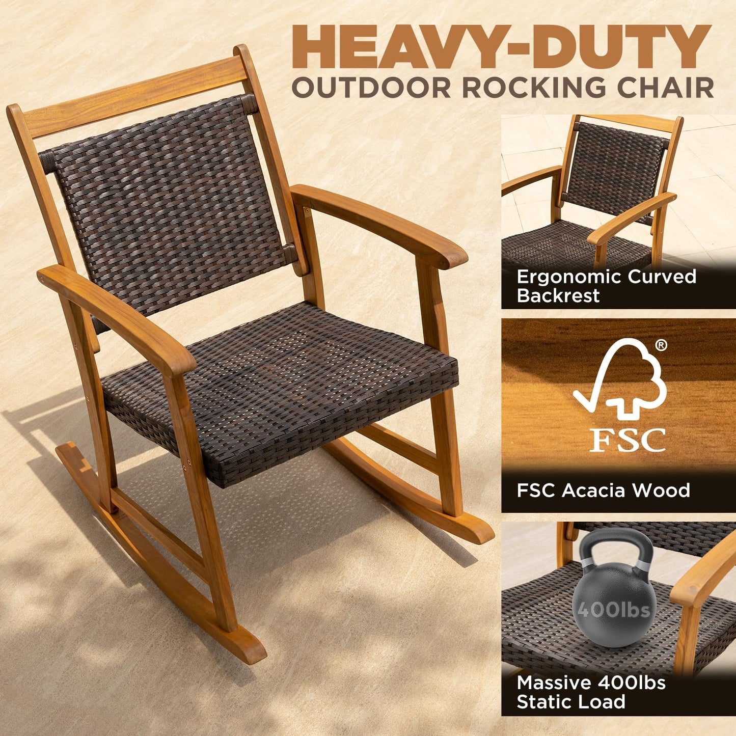 IDZO Solid Wood Wicker Rocking Chairs Set of 2 with End Table