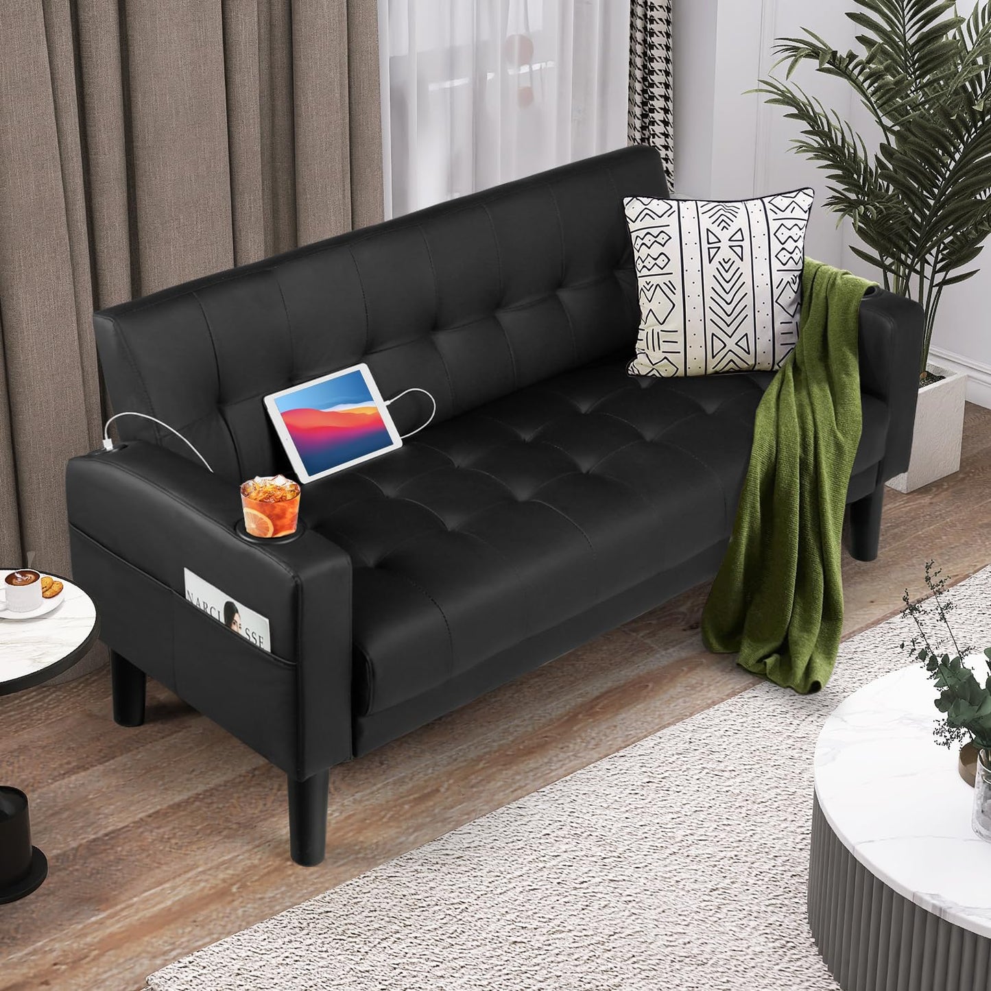 AILEEKISS 62" Loveseat Couches Upholstered Leather Love Seat Sofas Couch with 2 USB, Cup Holders, Side Pocket, Mid-Century Modern Tufted Sofa for Living Room,Office,Bedroom,Apartment (Black, 2-Seat)