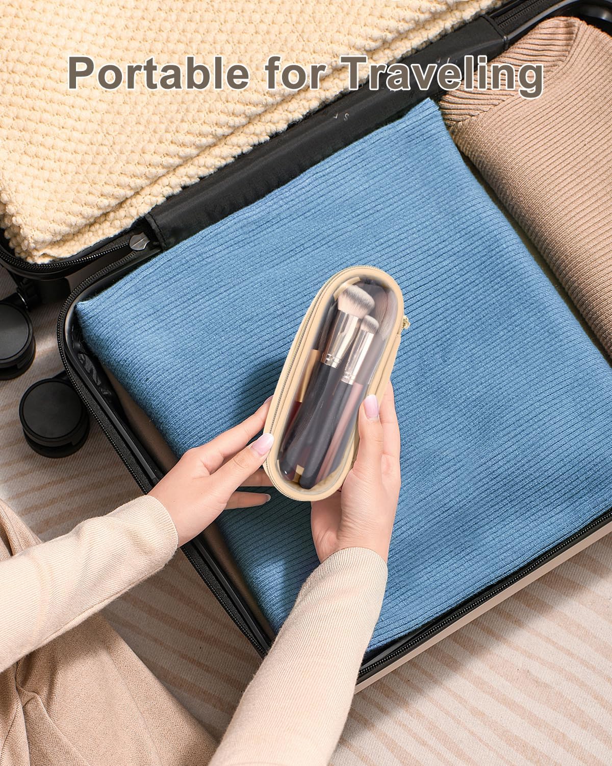 Clear Travel Makeup Brush Holder, Leather Makeup Brush Toiletry Bag, Portable Cosmetic Brush Case, Transparent Waterproof Makeup Brush Storage Bag, Khaki