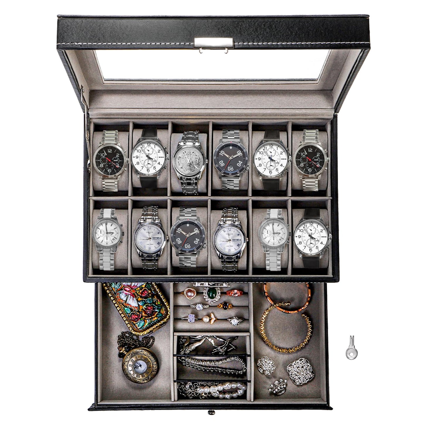 Tebery 12 Slot Watch Box Case Lockable with Glass Lid, 2 Layers Watch Holder Organizer Display with 1 Drawer for Rings and Bracelets, Gifts For Boyfriend Fathers Day Birthday (Black)