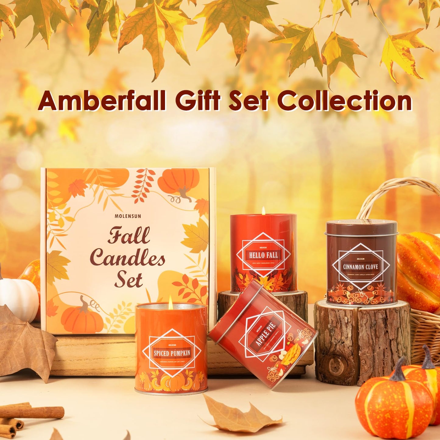 Fall Scented Candles Gift Set β 4 Pack of 9Oz Soy Candles, Autumn Fragrances (Pumpkin Spice, Apple Pie, Hello Fall, Cinnamon Clove), Holiday Gifts for Women & Men