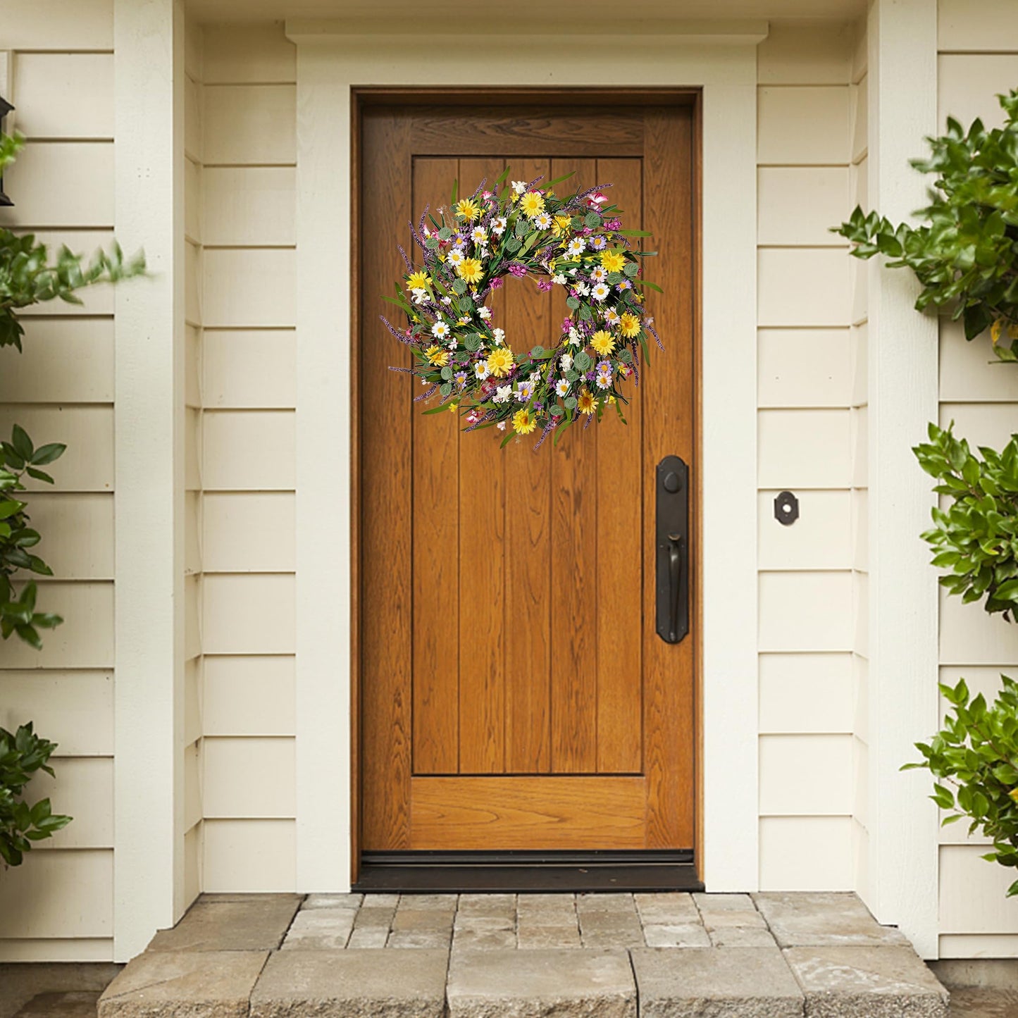 Sggvecsy Daisy and Lavender Wreath 22’’ Wildflower Spring Summer Artificial Silk Wreath for Front Door Home Wall Wedding Festival Farmhouse Holiday Decor